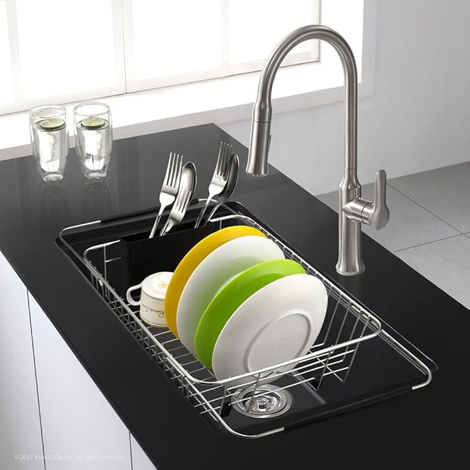SANNO Dish Drying Rack with Stainless Steel Utensil Holder Large Dish Rack Drainer Drain Expandable Shelf Dish Rack in Sink or Over Sink or On Counter Rustproof Stainless Steel