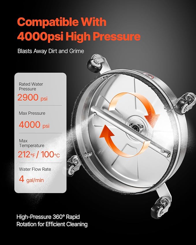 VEVOR 16.5" Pressure Washer Surface Cleaner, Stainless Steel Pressure Washer Attachments with 4 Wheels, 4000 Max PSI, 1/4 Quick Connector, 2 Spray Nozzles, 2 Extended Wands for Concrete, Patio, Deck