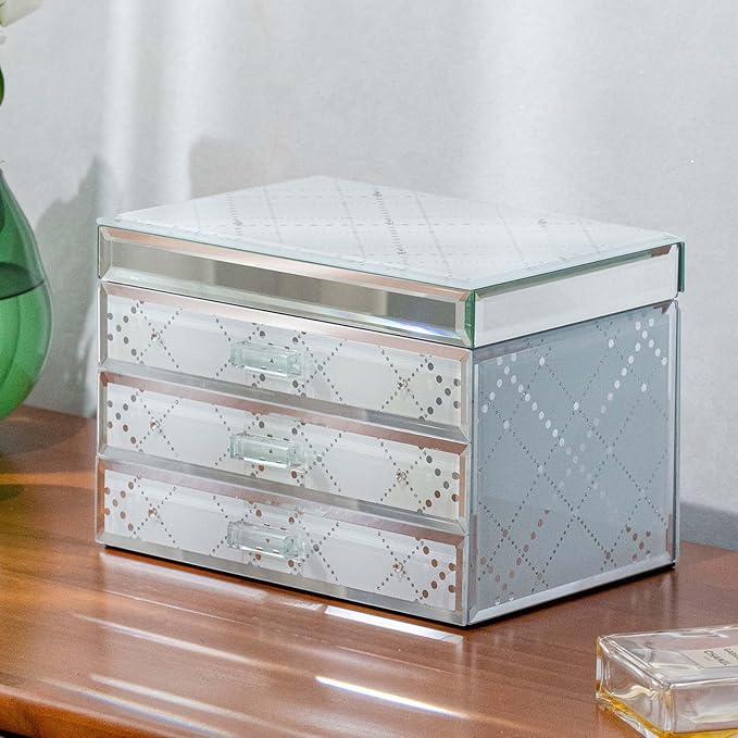 Glass Jewelry Box,Plaid & Sparkling Diamonds, 3-Tier Organizer for Women Girls,Jewelry Gift Decorative Boxes, Art Painting Tabletop Ornament Organizer For Earring Necklace Christmas Gifts