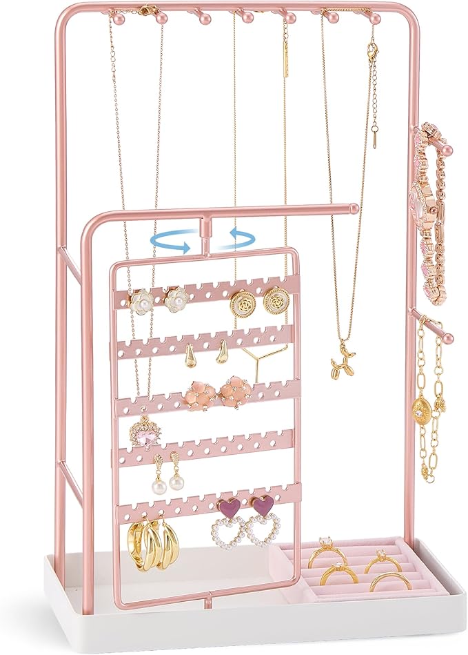ProCase Jewelry Stand Holder Organizer, Jewelry Display Storage with Ring Tray, No-Assembly Needed, Rotating Earring Bracelet Necklace Holder, Christmas Gifts Room Dorm Decor for Teen Girls -Rosegold
