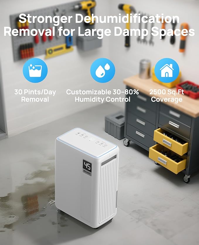 30 Pint Dehumidifier for Basement, 2500 Sq. Ft Dehumidifiers for Home with Drain Hose, 3 Modes, Smart Humidity Control, 24H Timer, 0.52 Gal Water Tank, for Whole House, Bedroom, Bathroom, Garage, Rv