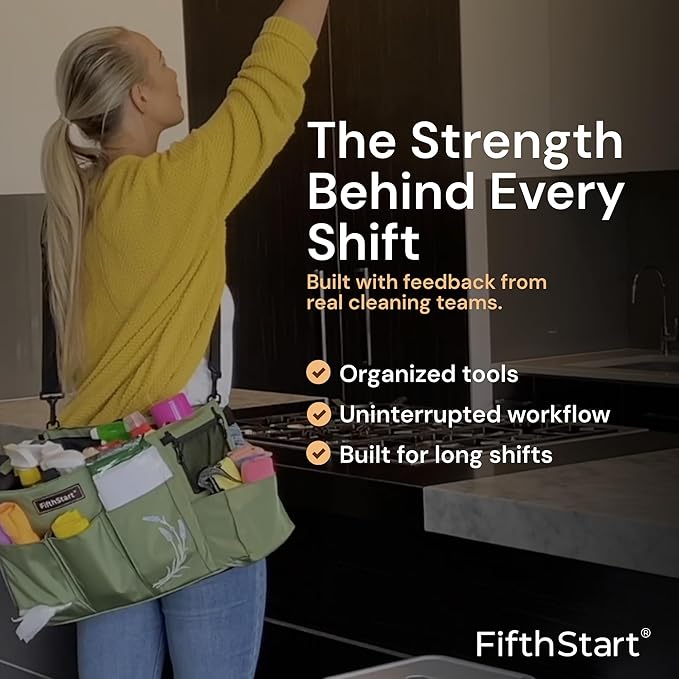 FifthStart Multiuse Cleaning Caddy with Waist & Shoulder Strap,9 Pockets Professional Bag, Mesh Base & Adjustable Compartments - Beige Large Organizer with Handle - Cleaning Caddy Bag (Beige, Large)