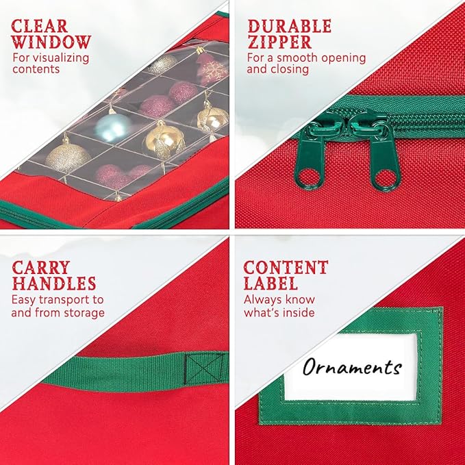 HOLDN’ STORAGE Christmas Ornament Storage Box with Dividers - Fits 72-3” Ornaments, 3 Removable Trays, Durable & Space-Saving, Clear Top Lid, Convenient Storage Designed, Red