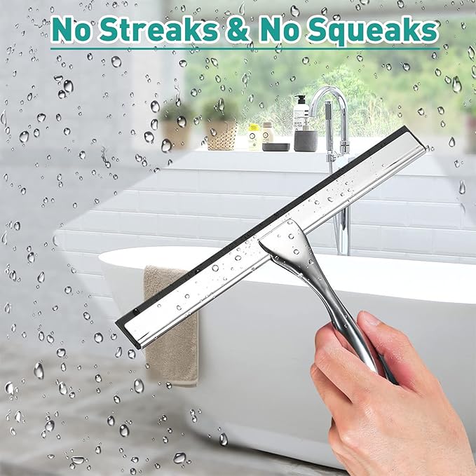 steauty Shower Squeegee for Glass Doors,12-Inch Shower Glass Squeegee, Sliver Shower Squeegee for Shower Doors,Mirror,Windows, with Shower Door Hook and Adhesive Hook