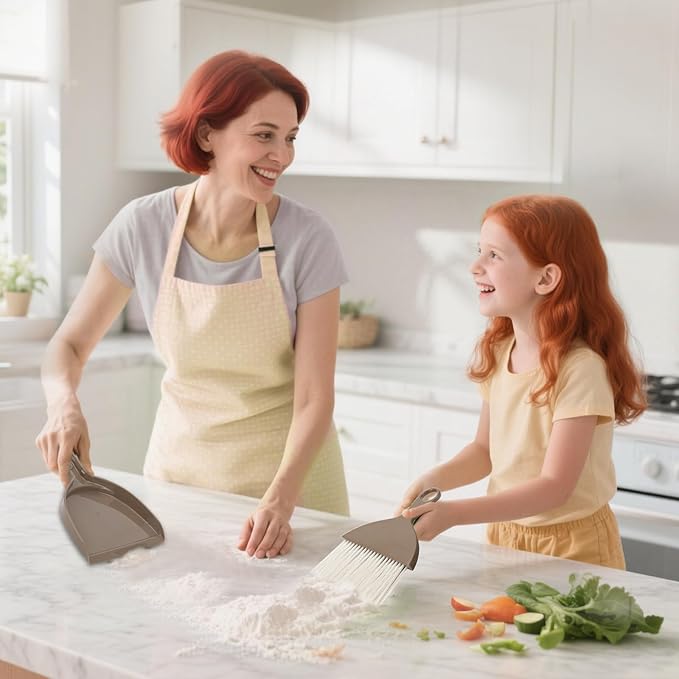 THINKLEARN 2PCS Small Broom and Dustpan Set, Mini Dust Pan and Brush, Hand Whisk for Pets, Kids, Desk, Home, Camping, Brown Cleaning Supplies