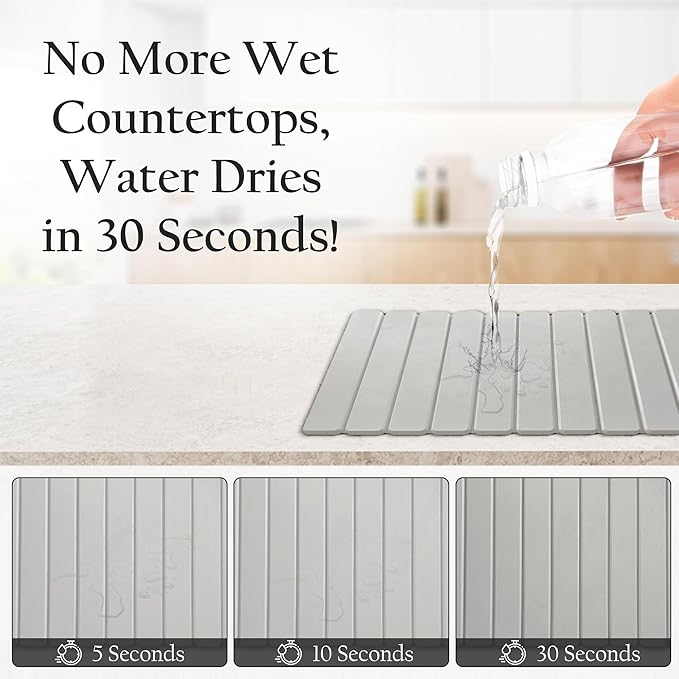 DrySwift Large Stone Drying Mat for Kitchen Counter | Premium Diatomaceous Earth Coaster Set for Dishes | Non-Slip Kitchen Sink Mat | Fast-Absorbing, Eco-Friendly | 23" x 15.5" (Light Grey)