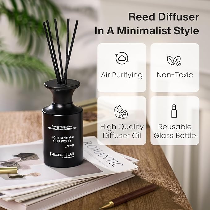 M&SENSE Reed Diffuser Set, 10.14 fl oz Large Reed Diffuser, Oud Wood Scented with Natural Essential Oils, Long Lasting with 7 Sticks, Non-Toxic Home Fragrance Reed Diffuser for Bedroom, Bathroom