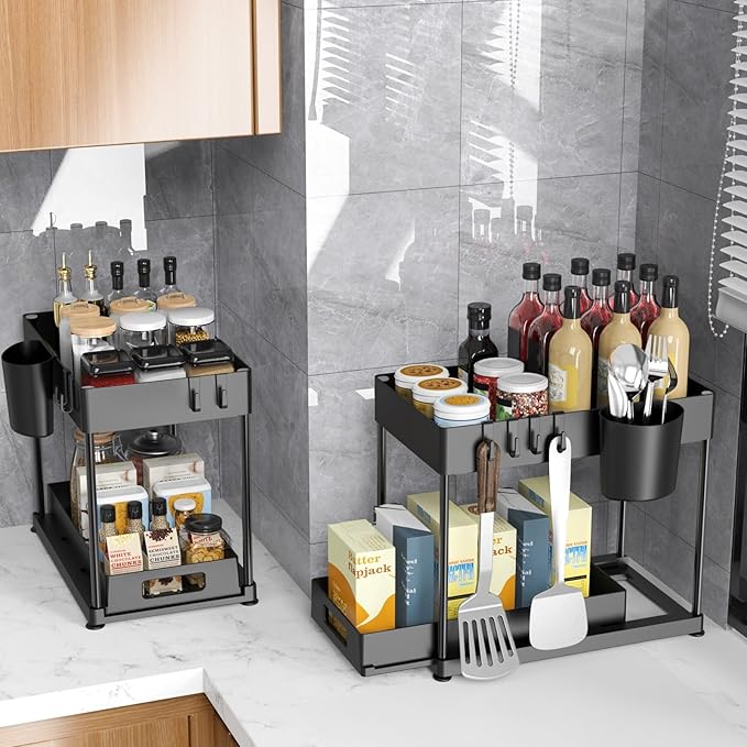 MCIJRJOI Under Sink Organizers and Storage, 2 Pack Large Capacity Heavy Load Pull-out Under Sink Shelves with Sliding Drawer for Kitchen and Bathroom, Dark Black