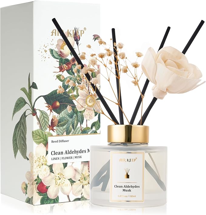 Airkeep Flower Reed Diffusers Set, 5.07 oz Clean Aldehydes Musk Scented Oil Diffuser with 8 Reed Sticks, Home Fragrance Diffuser Gift Set for Bathroom & Office Decor 150ml
