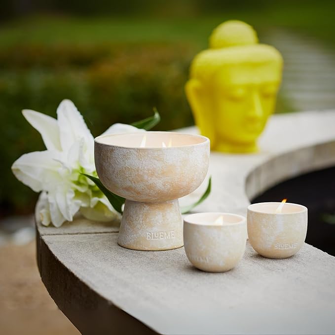 Blueme Spiritual Candle | Palo Santo & Vetiver | 2 Wick - Refillable Wellness Candle with Essential Oils, Hand Finished & Poured Soy Wax Blend Ceramic Vessel, Natural Cotton Wicks | Medium 12 oz
