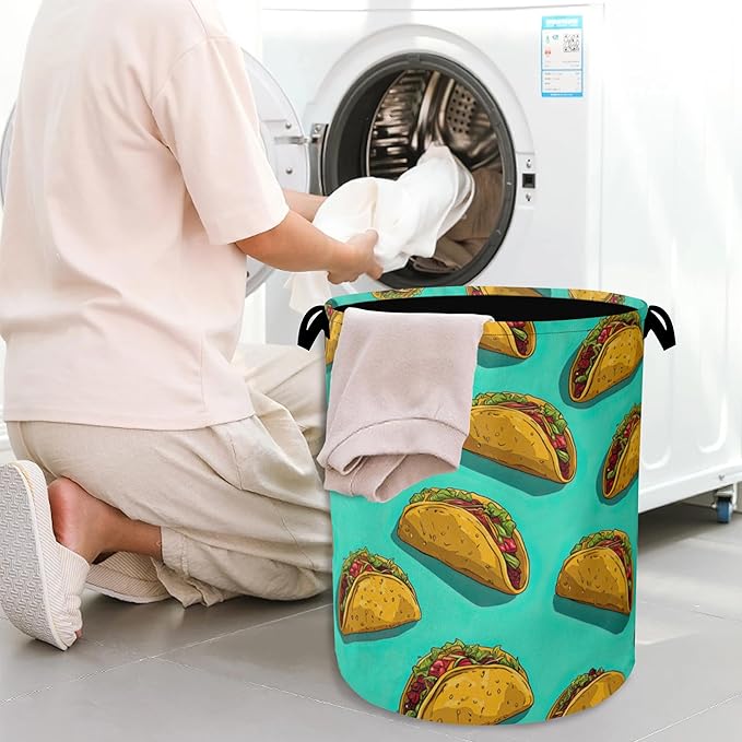 Mexican Taco Laundry Hamper,Dirty Clothes Laundry Basket with Handles Waterproof Oxford Cloth Storage Basket for College Dorms Bathroom Bedroom 16" x 20.8"