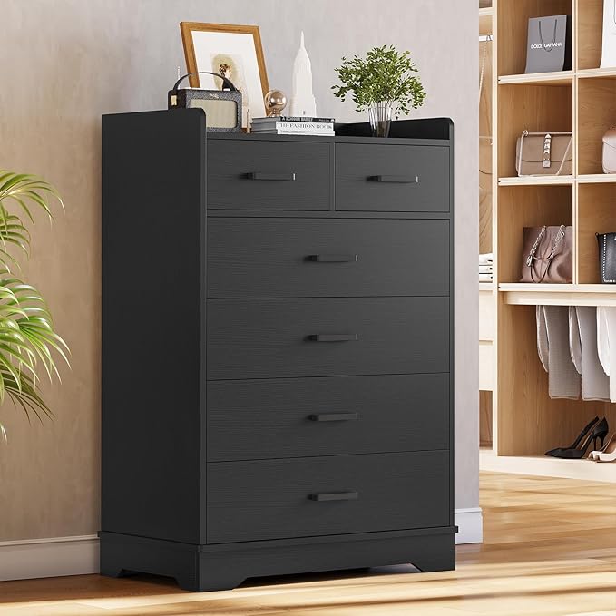 Hasuit Black 6 Drawer Dresser, Wooden Storage Chest of 6 Drawers, Vertical Large Capacity Clothing Storage Organizer, Tall Dressers for Bedroom, Hallway, Entryway