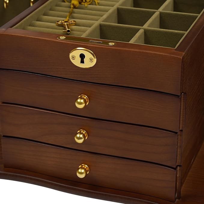 Jewelry Box,Wooden Jewelry Organizer,4 Layers Large Capacity Jewelry Holder Watches Necklace Ring Storage Box (Original Wood)