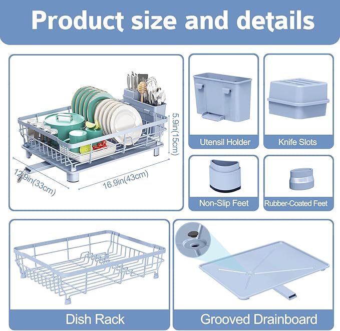 Ricobes Dish Drying Rack - Space Saving Dish Rack - Dish Racks for Kitchen Counter with Drainboard,Rustproof Dish Drainer with Removable Utensil Holder,Blue