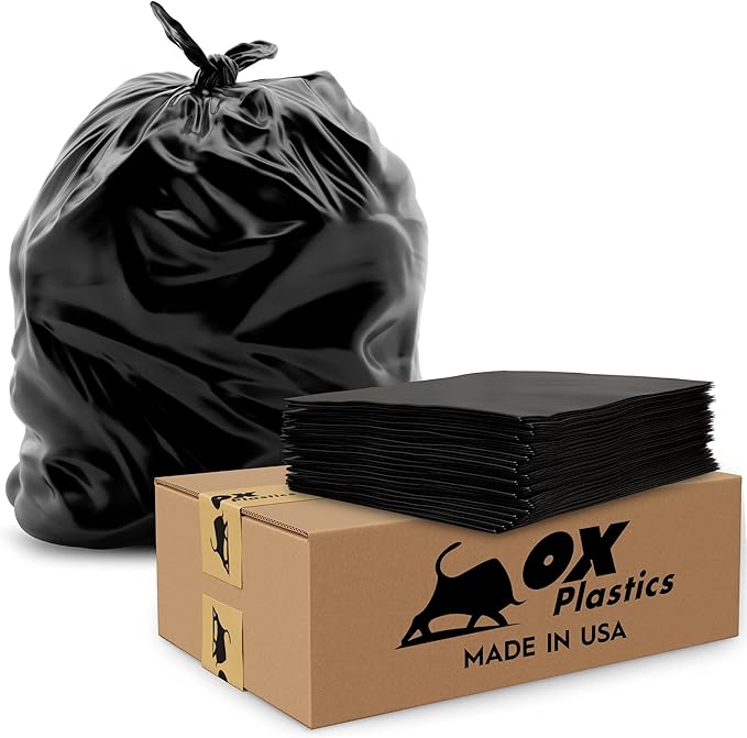 Ox Plastics Trash Can Liners Bags - 42 Gallon Capacity & 3mil Thick Extra Heavy Duty Strength - Large Garbage, Leak-Proof & Durable, House & Commercial Use Bags Black 37 X 43 (25 Count)
