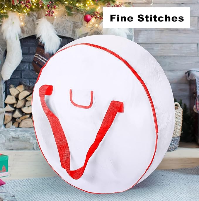 TQS 25" Christmas Wreath Container Bag - Christmas Large Wreath Bag Storage Cover- Reinforced Wide Heavy Duty Handle & Double Sleek Zipper - Protect Your Garlands Party Decorations - White