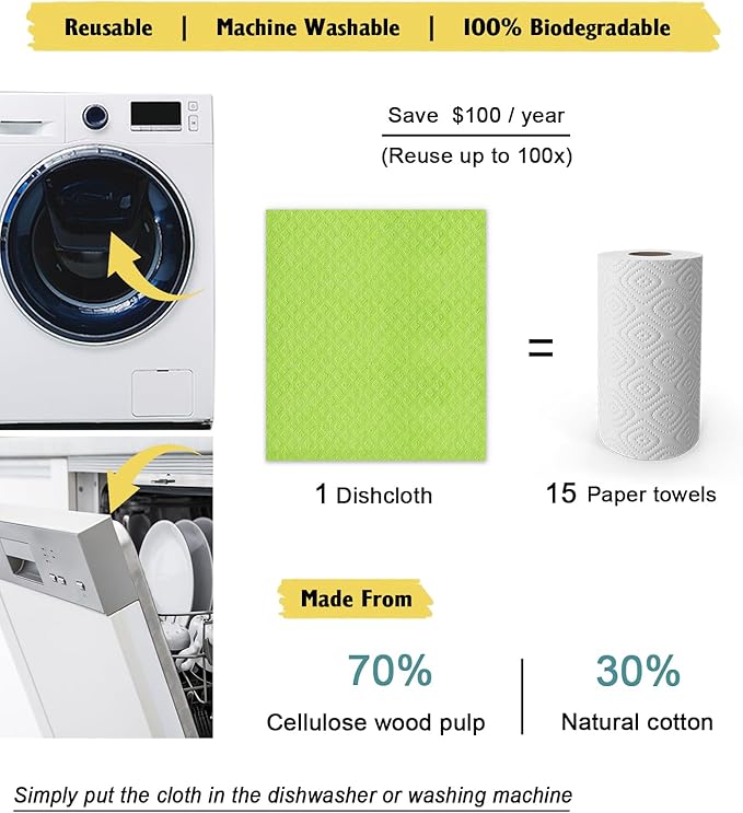 MoLKENE Swedish Dishcloths for Kitchen | 6 Pack Dish Towels Cellulose Sponge Cloths | Non-Scratch Reusable Paper Towels Washable | No Odor Fast Drying Swedish Cloths, Multicolor