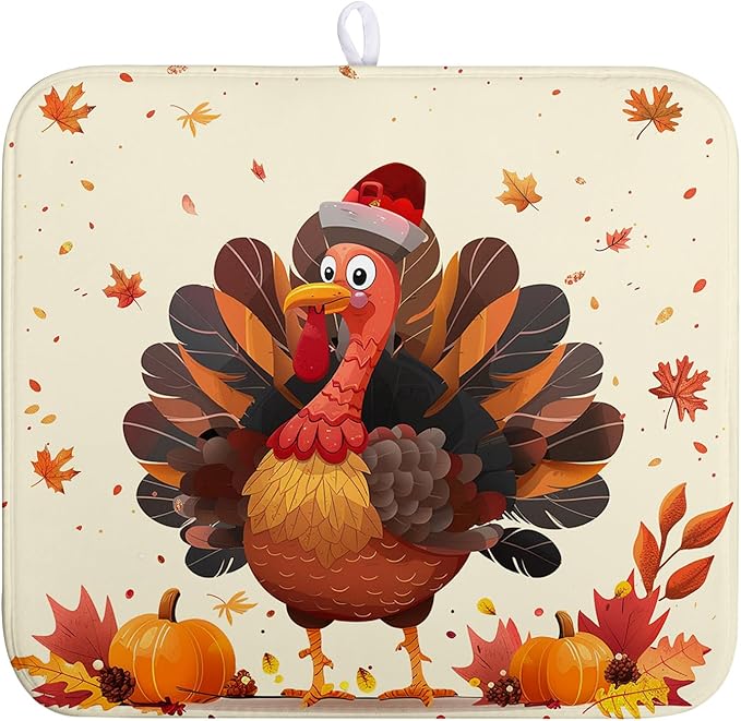 Wnoesat Thankgiving Dish Drying Mat for Kitchen Counter 16x18 Inch Fall Orange Turkey Maple Leaf Pumpkin Absorbent Microfiber Dish Rack Mat Autumn Thankgiving Dish Drying Pad for Coffee Bar Sink