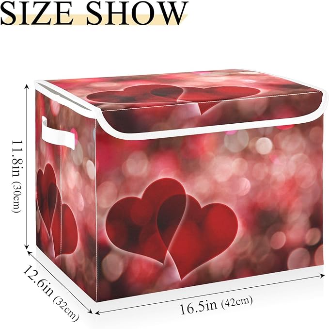 Valentines Baskets Collapsible Storage Bins with Lids, Hearts Bokeh Effect Storage Boxes Clothes Baskets for Organizing