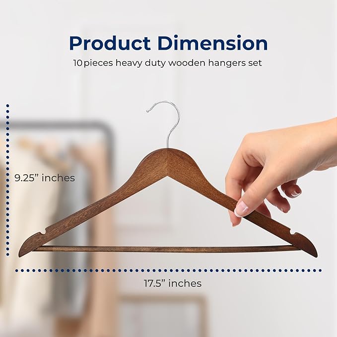 SereneLife 10-Pack Vintage Wooden Suit Hangers – Premium Solid Wood Coat Hangers with 360° Swivel Hook & Notches – Heavy-Duty, Space-Saving Design for Shirts, Jackets, Dresses & More