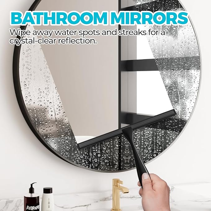 ALFLOD 12-Inch All-Purpose Shower Squeegee for Shower Doors, Tile Shower Walls, Bathroom, Window, Glass and Car Windshield, Mirrors and Kitchen-Stainless Steel, Black