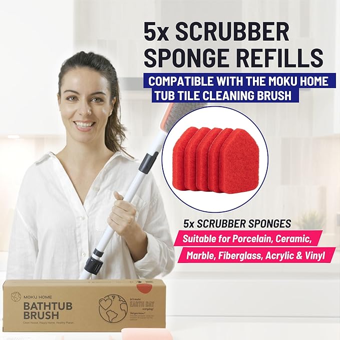 Moku Home Replacement Scrubber Refill for Moku Home Extendable Tub Tile Shower Brush for Cleaning Non-Scratch (5X Scrubber Sponge Red)