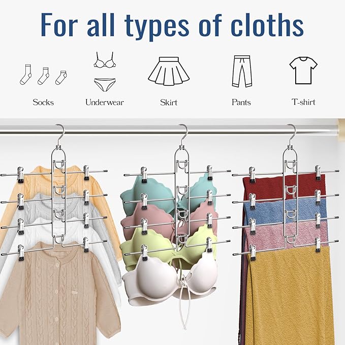 Pants & Skirt Hangers with Clips, Newly Upgraded Detachable Space Saving Hangers, 4-Tiers Skirt Hangers for Women - Hanging Closet Organizer and Storage-2pack, Patent Pending