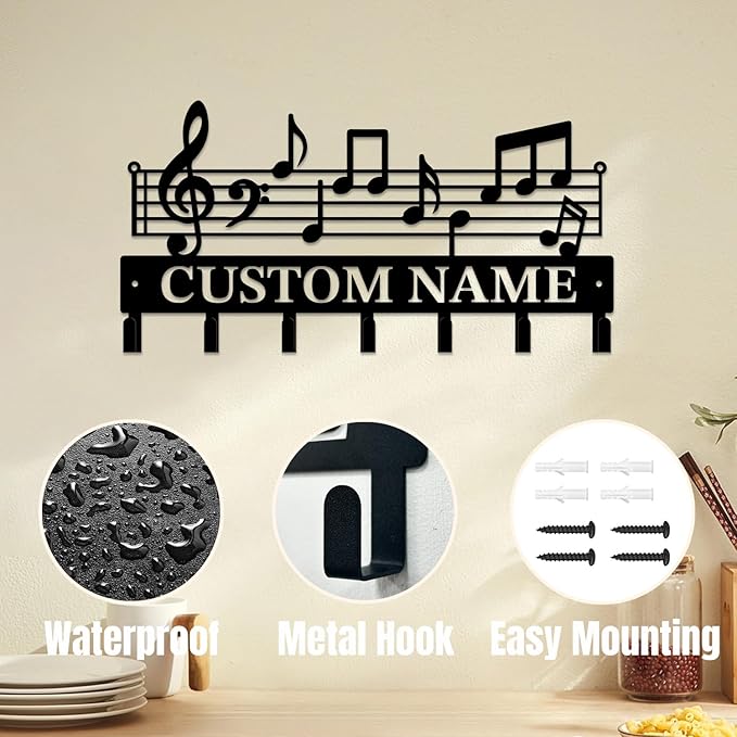 Personalized Custom Music Wall Hooks,Metal Music Room Art Clothes Hooks,Metal Music Wall Home Storage Decorative,For Front Door, Hallway, Kitchen, Bedroom,Keys,Hats (Style F)