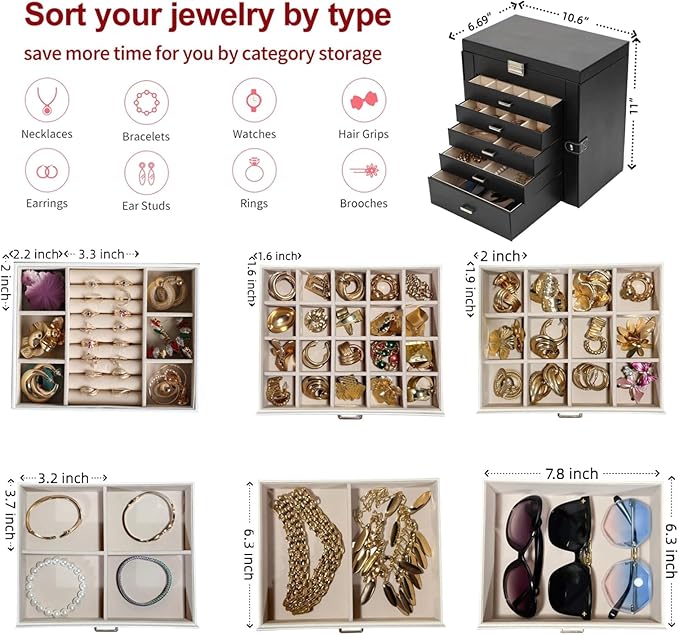 BOOVO Jewelry Box For women, 6 Layer Large Jewelry Organizer With Mirror, Multi-Function Storage Box With Lock, Necklace Holder With 5 Drawers, For Earrings Necklace Bracelet (Silver and Black)