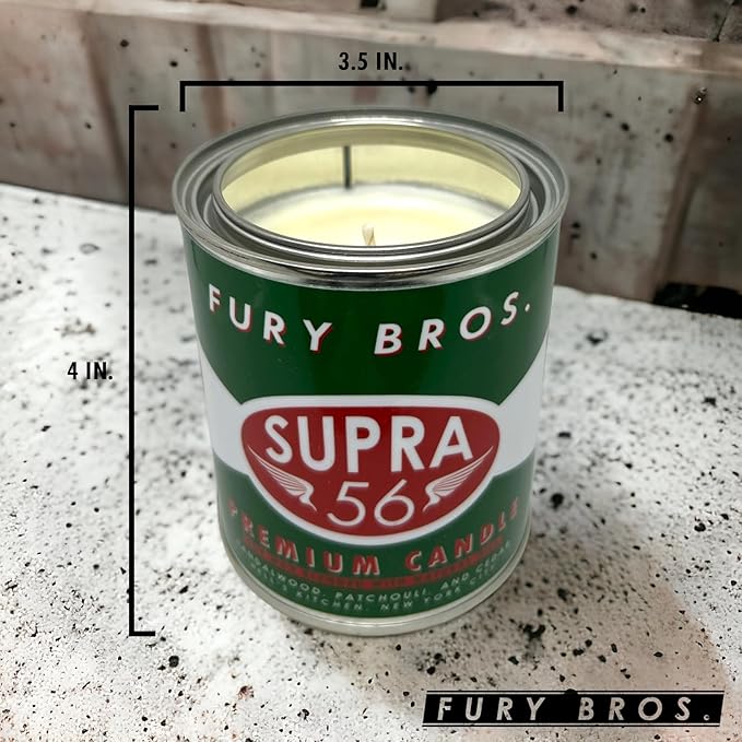 Fury Bros. Scented Candles for Men | Supra 56 | Sandalwood Patchouli Cedar | Natural Soy Wax | Hand-Poured in The USA | Long 70-80 Hour Burn (12.5 oz) | Vintage-Inspired Tin Design | Dad Home Gift