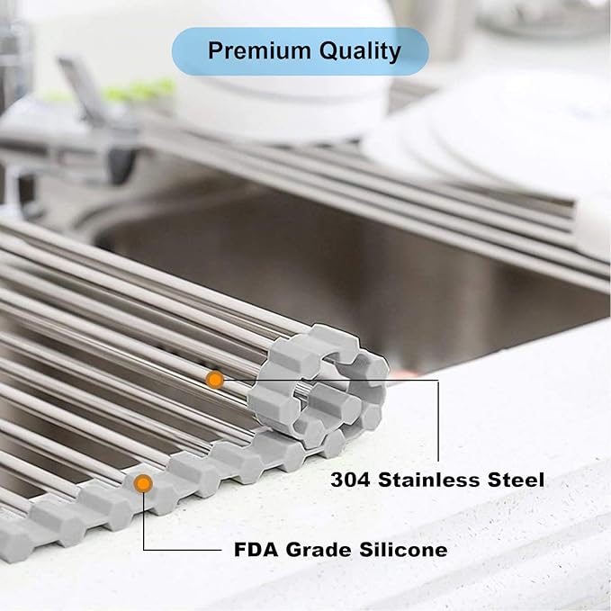 Over the Sink Dish Drying Rack, Searik Roll up Sink Dish Drainer Rack Foldable Kitchen Stainless Steel Dish Rack Sink Drying Rack (17.7” x 11.8”)