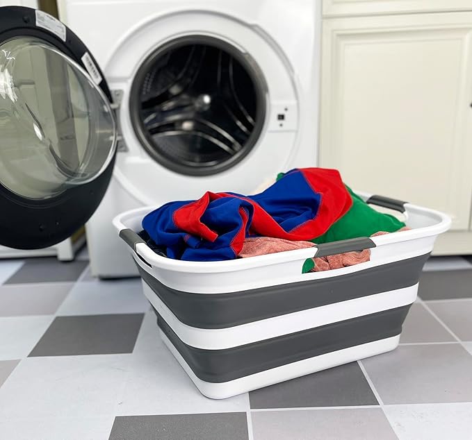 SAMMART Collapsible Plastic Laundry Basket Washing Tub Foldable Pop Up Storage Container-Space Saving/Portable Laundry Hamper. Ideal for Home, Travel, Dorm, and Camping (White/Steel Grey, 42L)