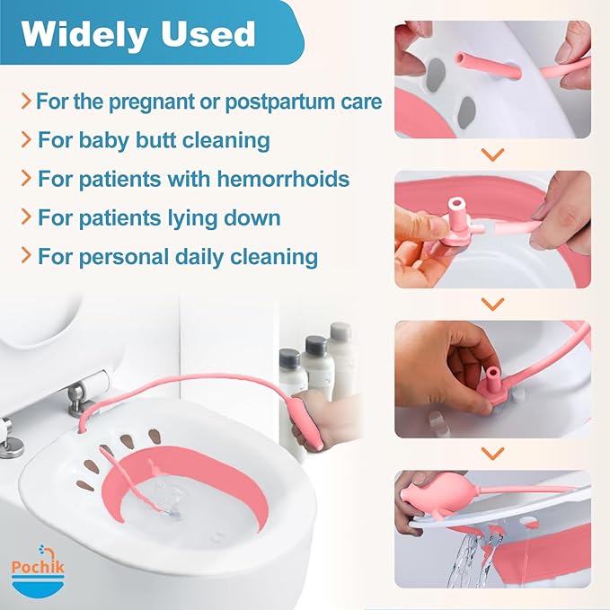 Pochik Sitz Bath for Toilet Seat Hemorrhoids and Postpartum Care, Yoni Steam Seat, Perineal Soaking, Collapsible, Flusher Hose, Drain Holes, Wider Seating Area - Magenta