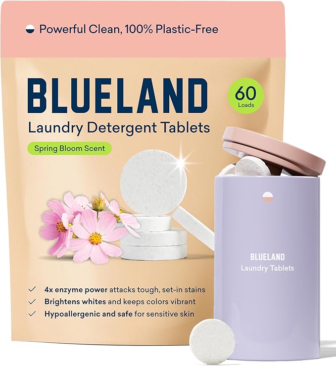 BLUELAND Laundry Detergent Tablets, Starter Set, Spring Bloom Scent, 60 Count with Tin, Plastic-Free Eco-Friendly Pods, Sheets, Liquid Alternative - Natural, Gentle