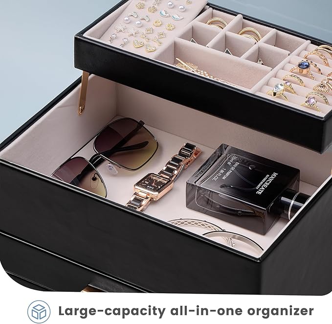 Lolalet Jewelry Box, Clear Window Jewelry Organizer with Drawer for Earrings Bracelets Necklaces Rings, Jewelry Storage for Women -Black, 4 Layers