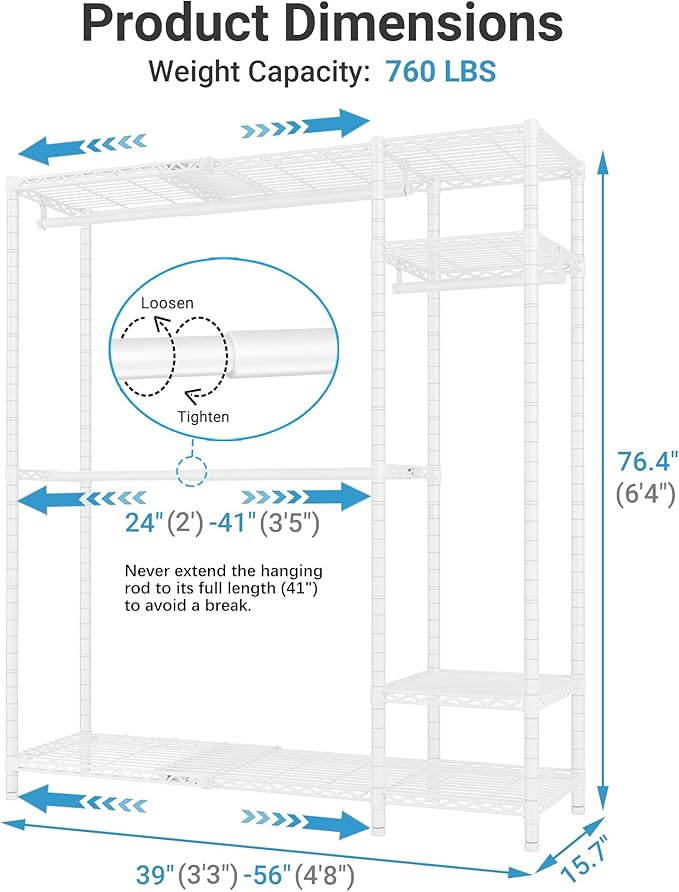 VIPEK X20 Expandable Metal Clothing Rack Adjustable from 3'3" to 4'8" Heavy Duty Garment Racks with Adjustable Shelves and Hanger Rods Portable Wardrobe Open Closet Rack System, White