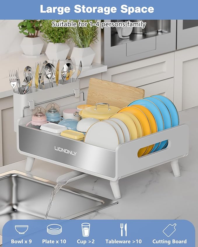 LIONONLY Dish Drying Rack, Thicker Premium Aluminum Frame and 304 Stainless Steel Plate Rack for Kitchen Counter, Automatic Drainage Spout, Dish Drainer & Drainboard Set with Utensil Holder, White