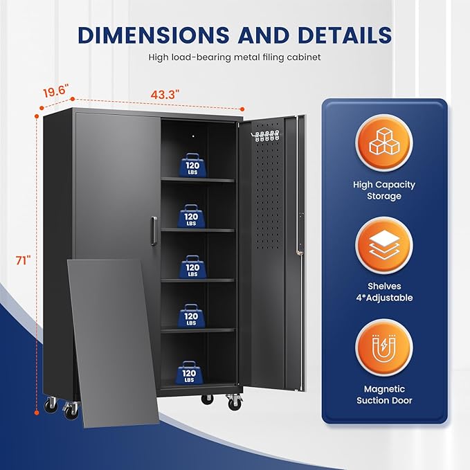 Yizosh Metal Garage Storage Cabinet with Locking Doors and Adjustable Shelves,- 71" Rolling Steel Tool Cabinet for Home Office,Garage,Warehouse