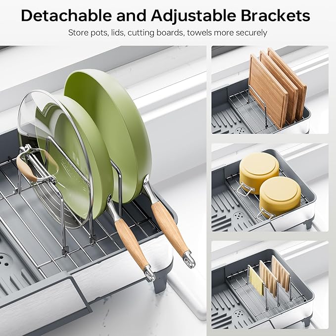 Urackify Large Dish Drying Rack - Triple Expandable Dish Rack for Kitchen Counter, Stainless Steel Sink Organization and Storage Essentials with Utensil & Pans Holder for Home and Appartment, Gray