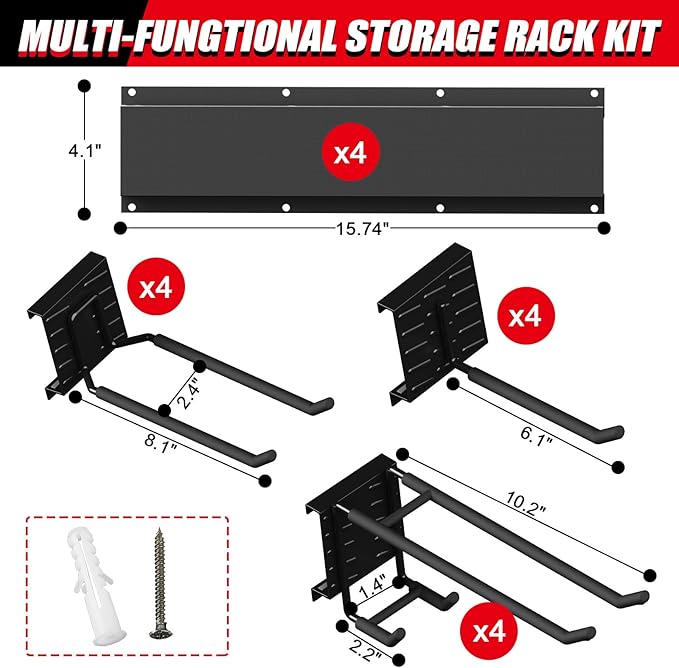 64 Inches Garage Organization, Wall Mount Garden Tool Organizer, 880lbs Adjustable Heavy Duty Metal Hanging Hooks, Garden Tool Storage Rack for Garage, Yard, and Shed (4 Racks, 12 Hooks)