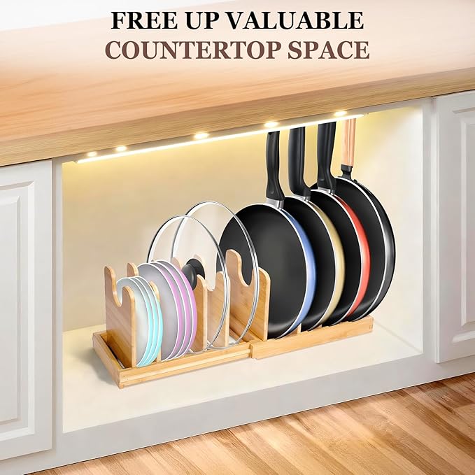 Bambition Bamboo Pot Lid Organizer, Pots and Pans Organizer Inside Cabinet, Pot Lids holder for Kitchen Countertop