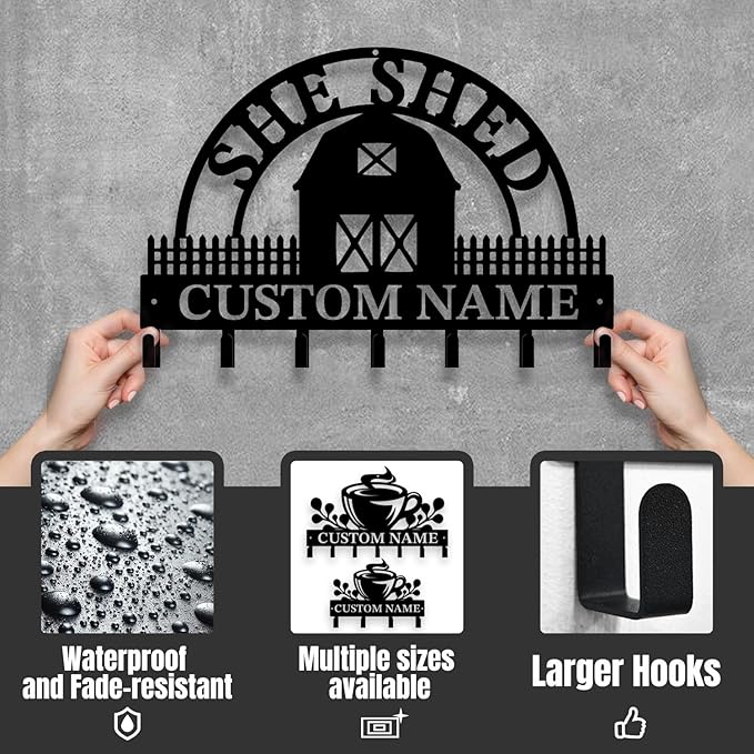 Personalized She Shed Metal Keys Hooks,Custom Name Keys Hooks,Black Wall Home Storage Decorative Hooks,Key Holder for Wall (Style C)