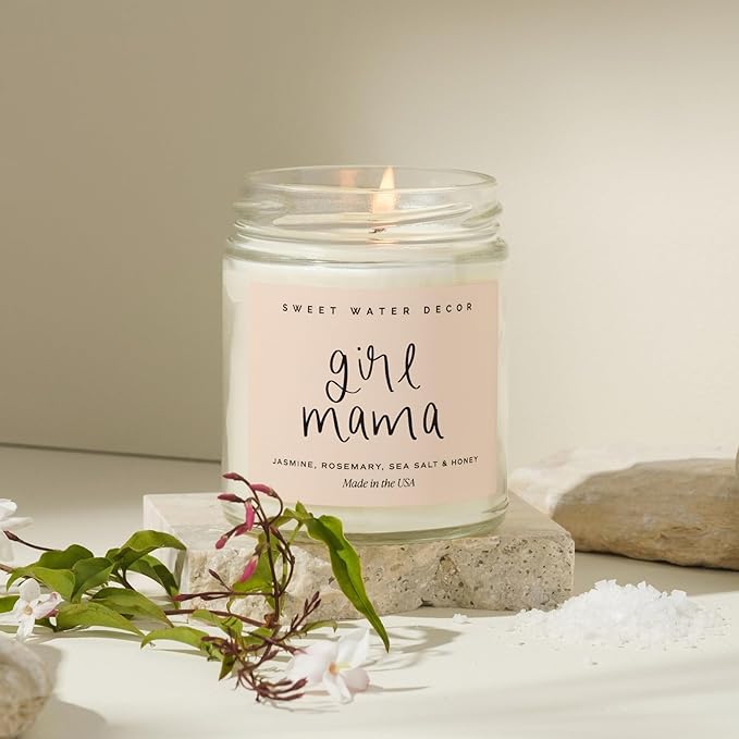 Sweet Water Decor, Girl Mama Candle – Lemon, Rosemary, Jasmine, and Amber Scented Soy Wax Candle for Moms of Girls – 9oz Clear Jar with Gold Lid, 40+ Hour Burn Time, Made in The USA
