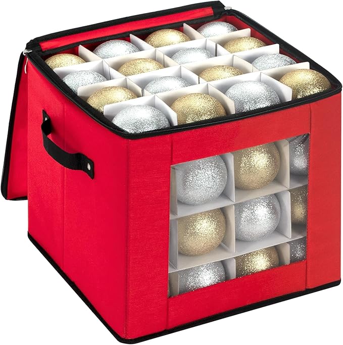 Christmas Ornament Storage Box With Adjustable Dividers,Ornament Storage Container with Two Handles for 64Holiday Decorations,Red
