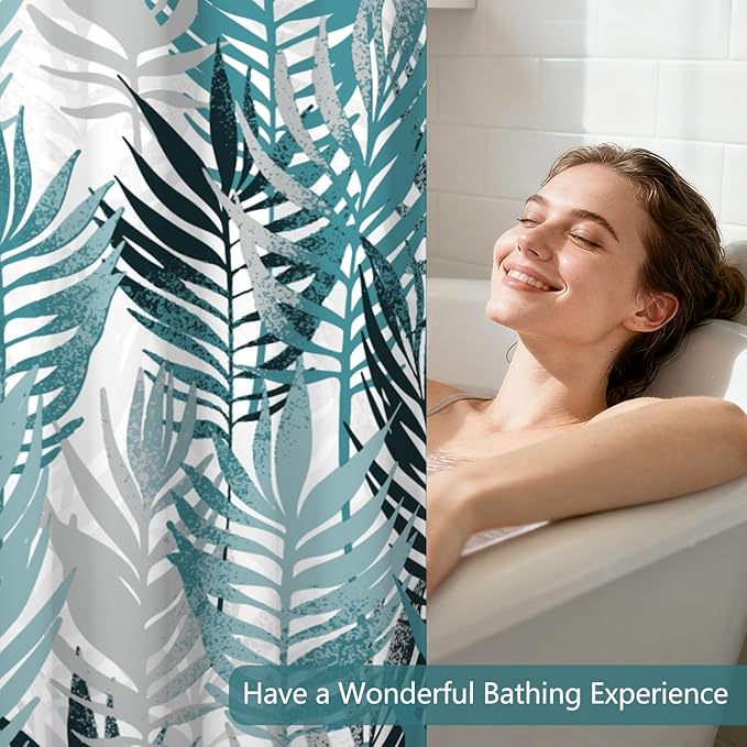 TQUQOBU No Hook Boho Dark Emerald Leaves Shower Curtain with Liner, Waterproof Washable Fabric Shower Curtain, Modern Abstract Botanical Decorative Bathroom Curtains with Top Sheer Window, 71x74 Inch