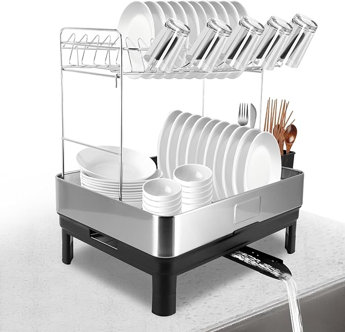 Gugxiom 2 Tier Dish Drying Rack, 304 Stainless Steel Dish Drainer for Kitchen Counter, Extra Large Dish Rack with 360° Rotatable Drain Spout & Cup Holder
