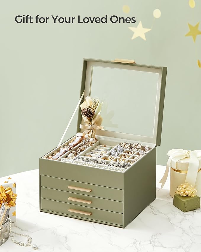 SONGMICS Jewelry Box Organizer with Glass Lid, 4-Layer Jewelry Storage, with 3 Drawers, Modern Style, 8 x 9.1 x 6.5 Inches, Laurel Green and Gold Color UJBC173C02