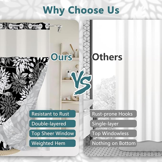 TQUQOBU Black and White Leaves No Hook Shower Curtain and Liner Set, Hotel Luxury Double Layers Waterproof Fabric Shower Curtain, Modern Vintage Boho Botanical Bathroom Curtains, 71x74 Inch