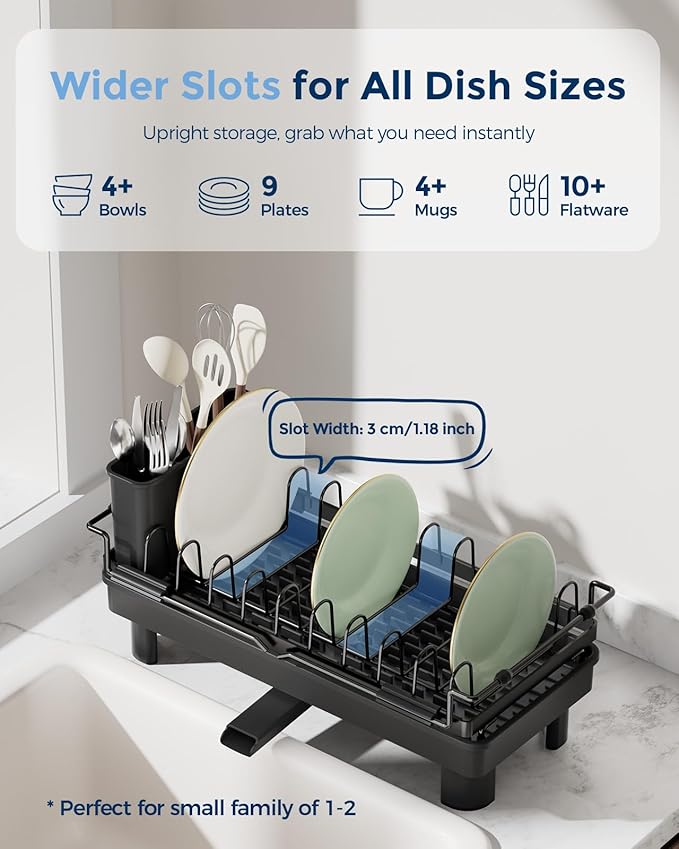 Nacial 2-in-1 Small Dish Drying Rack Fits 14''–21.8'' Sink, Dish Drainers for Kitchen Counter Extend Kitchen Sink Drain Basket with Utensil Holder & Auto-Drain Tray, Stainless Steel Plate Rack, Black