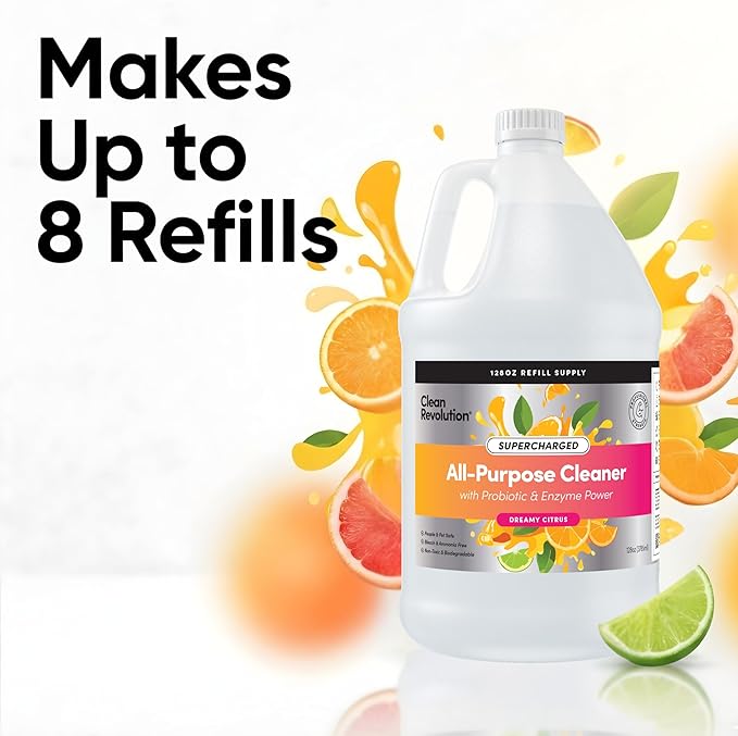 Clean Revolution SuperCharged All Purpose Cleaner Refill with Smart Probiotic + Enzyme Complex, Multi-Surface Kitchen Bathroom & Floor Cleaner, Dreamy Citrus, 128 Fl Oz